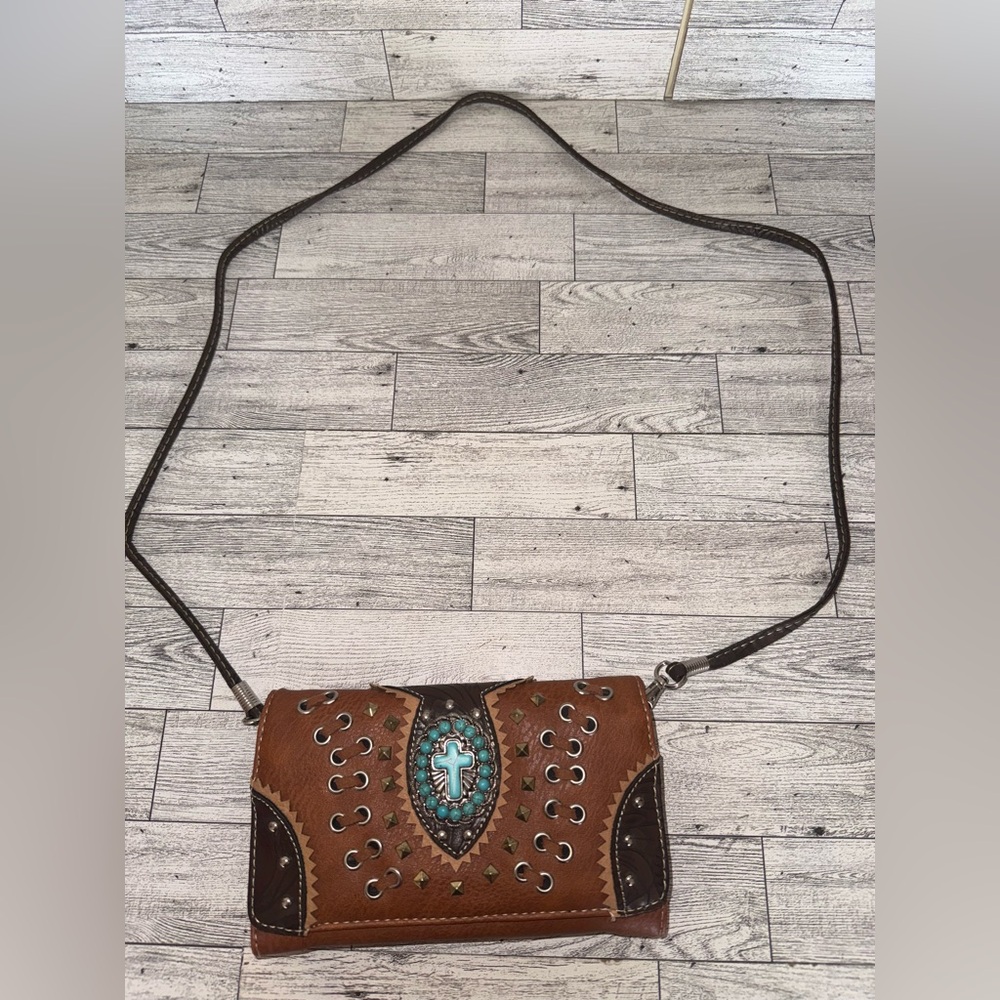 Western Turquoise Stone Cross Faux Leather purse/wallet/crossbody